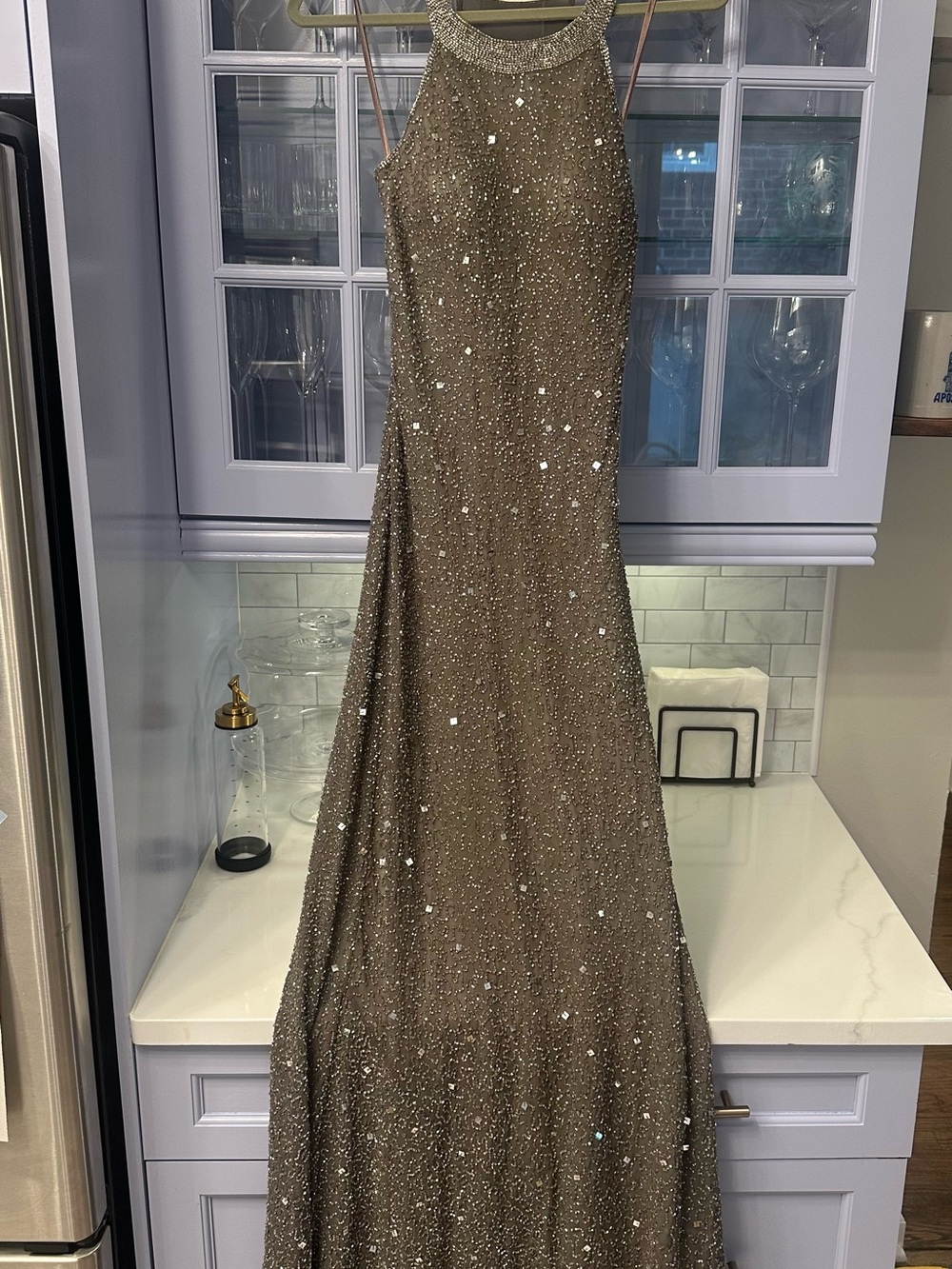 Beaded Evening Gown in Metallic Taupe, Adrianna Papell